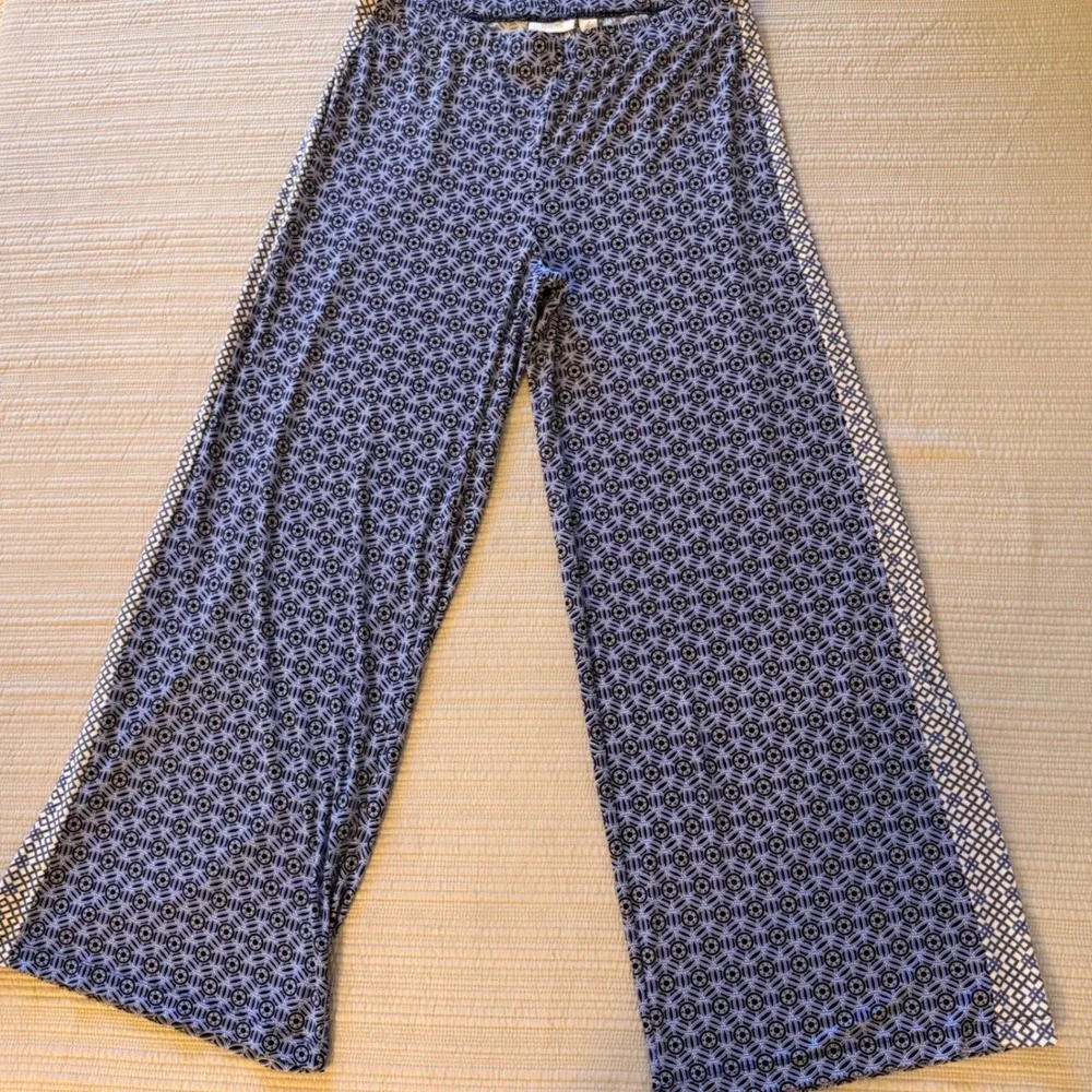 Chicos Women's Wide Leg Pants Blue Geometric Medallion Print Side Stripe Size 2
